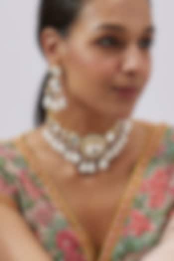 Gold Finish Kundan Polki & Baroque Pearl Necklace Set by Studio6 Jewels