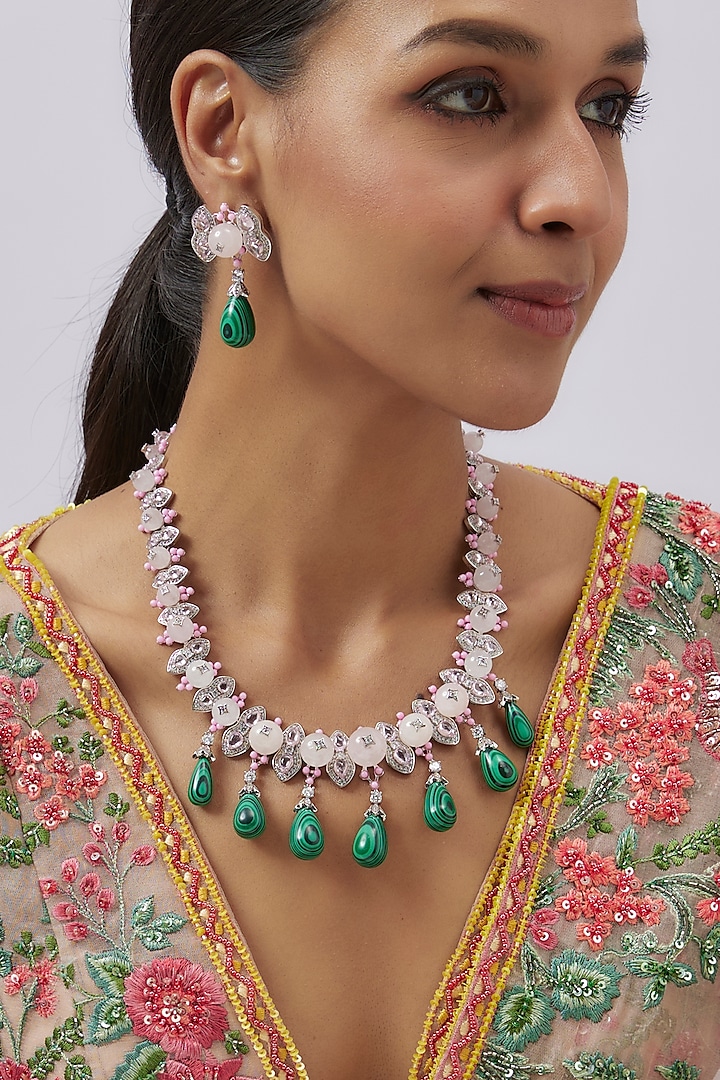 White Finish Malachite & Zircon Necklace Set by Studio6 Jewels