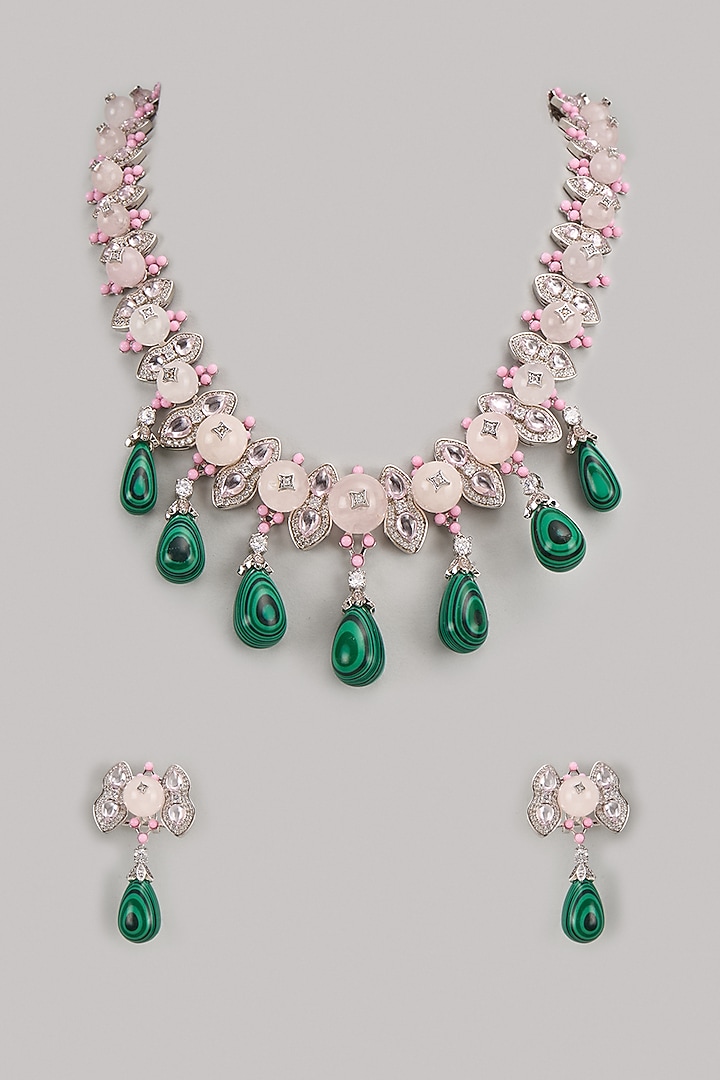 White Finish Malachite & Zircon Necklace Set by Studio6 Jewels at Pernia's Pop Up Shop