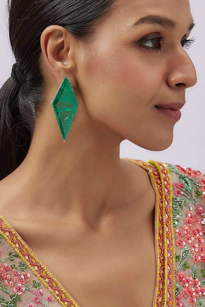White Finish Zircon & Unique Cut Doublet Crystal Earrings by Studio6 Jewels