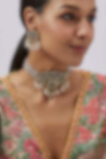 Black Rhodium Finish Kundan Polki & Pearl Choker Necklace Set by Studio6 Jewels