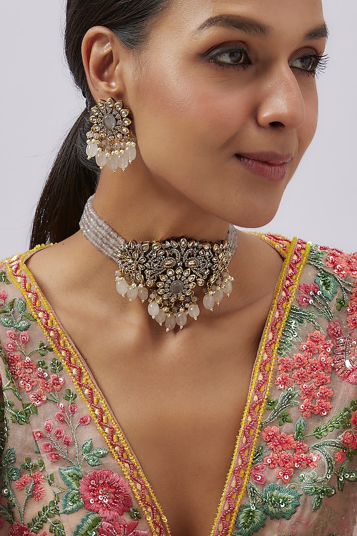 Black Rhodium Finish Kundan Polki & Pearl Choker Necklace Set by Studio6 Jewels