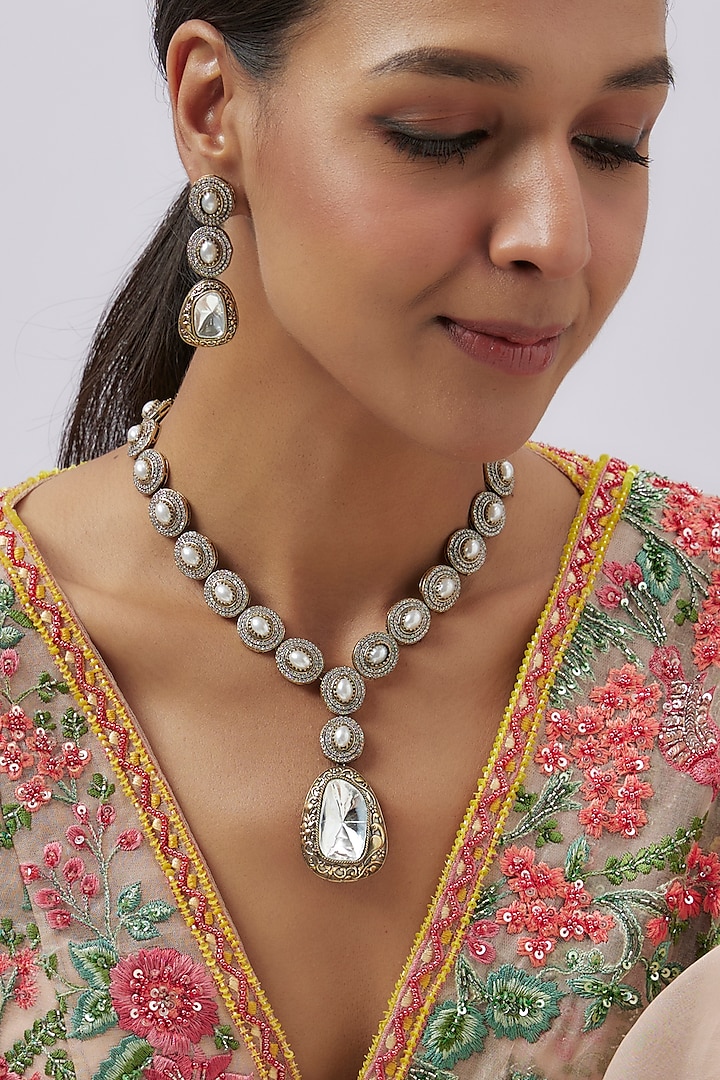 Gold Finish Kundan Polki Long Necklace Set by Studio6 Jewels