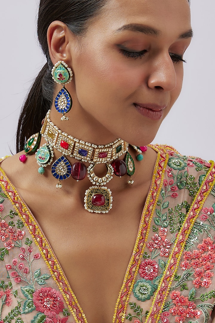 Gold Finish Kundan Polki & Navratna Stone Choker Necklace Set by Studio6 Jewels