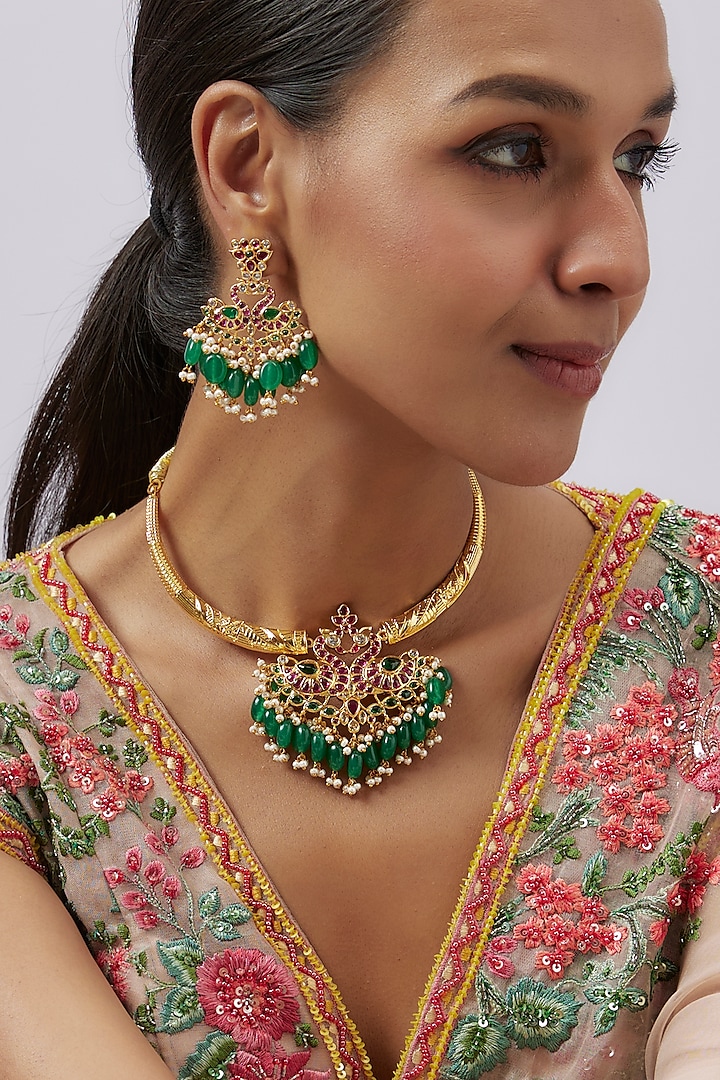 Gold Finish Kundan Polki & Green Beaded Necklace Set by Studio6 Jewels