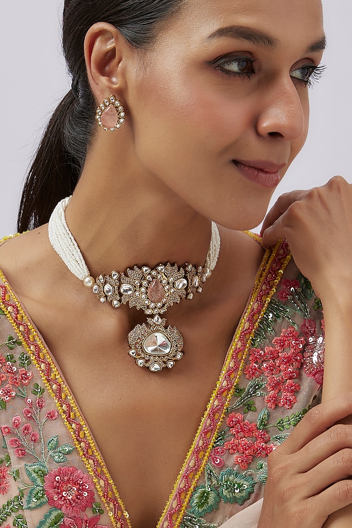 Gold Finish Kundan Polki & Pink Stone Choker Necklace Set by Studio6 Jewels