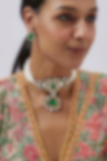 Gold Finish Kundan Polki & Green Stone Choker Necklace Set by Studio6 Jewels