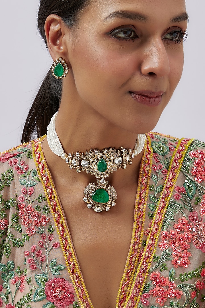 Gold Finish Kundan Polki & Green Stone Choker Necklace Set by Studio6 Jewels