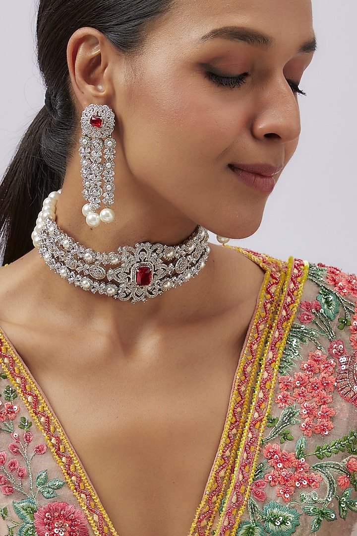 White Finish Zircon & Pearl Choker Necklace Set by Studio6 Jewels