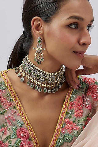 Gold Finish Green Stone & Zircon Choker Necklace Set by Studio6 Jewels