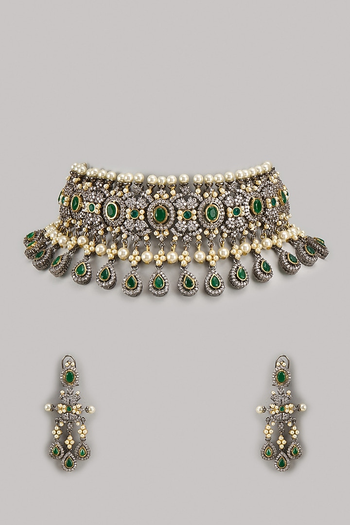 Gold Finish Green Stone & Zircon Choker Necklace Set by Studio6 Jewels at Pernia's Pop Up Shop