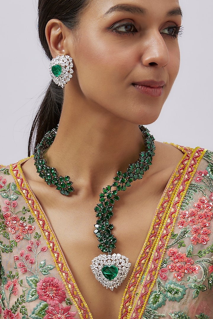 Black Rhodium Finish Emerald & Zircon Necklace Set by Studio6 Jewels