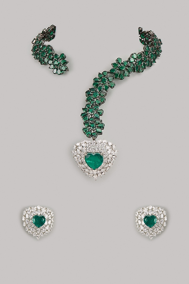Black Rhodium Finish Emerald & Zircon Necklace Set by Studio6 Jewels at Pernia's Pop Up Shop