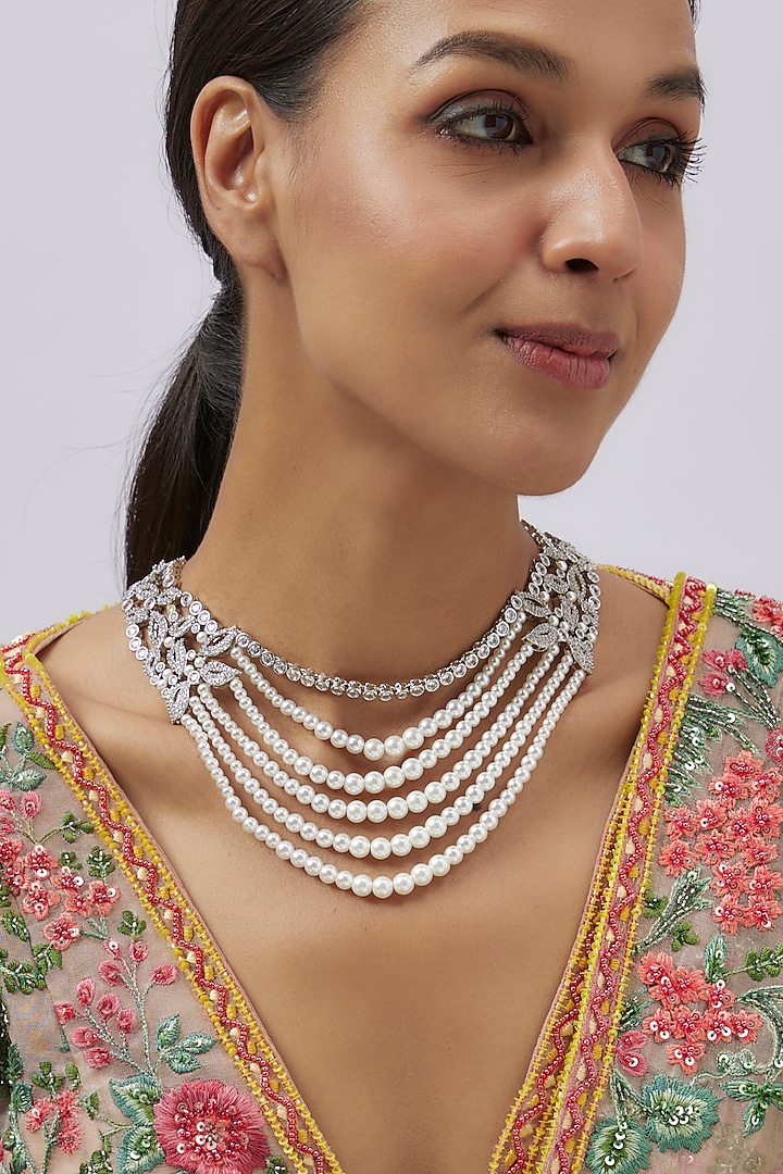 White Finish Zircon & Pearl Long Necklace by Studio6 Jewels