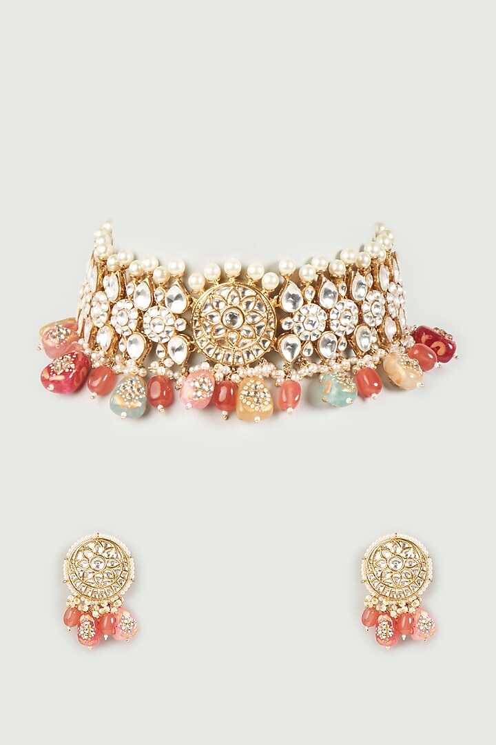 Gold Plated Uncut Kundan Polki Necklace Set by Studio6 Jewels