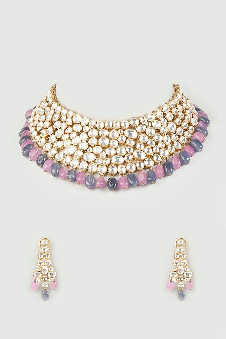 Gold Plated Uncut Kundan Necklace Set by Studio6 Jewels