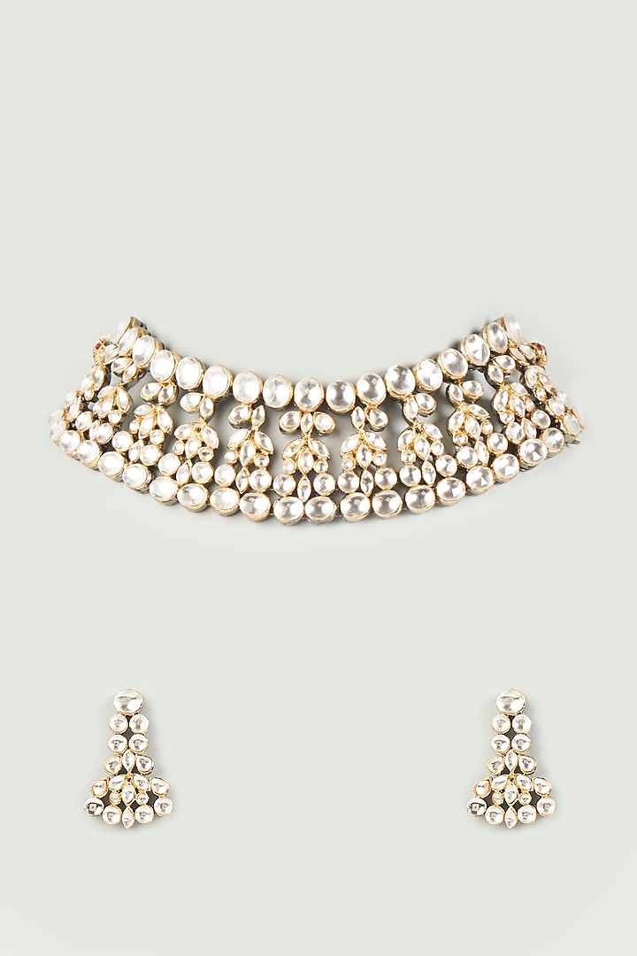 Gold Finish Necklace Set With Kundan Polki by Studio6 Jewels