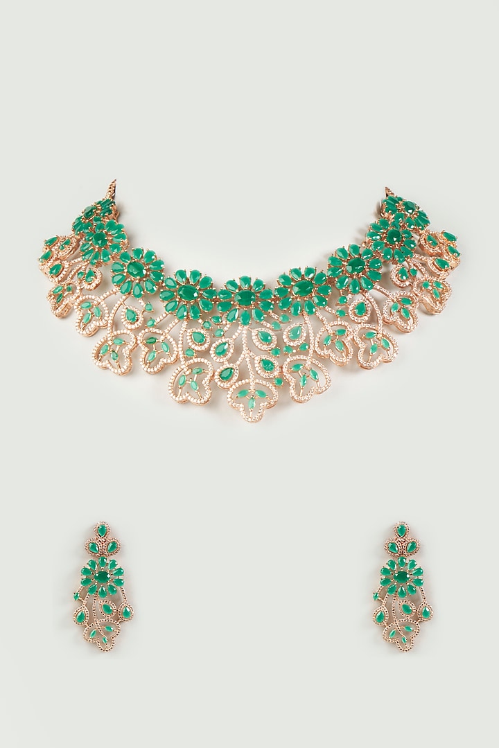 Rose Gold Finish Necklace Set With Green Stones by Studio6 Jewels
