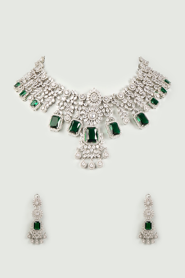 White Finish Necklace Set With Green Stones by Studio6 Jewels