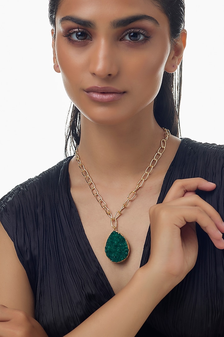 Gold Finish Green Stone Link Chain Necklace by Studio6 Jewels at Pernia's Pop Up Shop