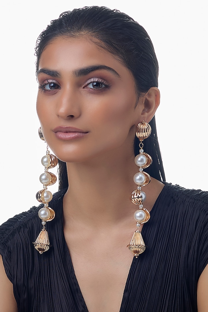 Gold Finish Shell Pearl Dangler Earrings by Studio6 Jewels at Pernia's Pop Up Shop