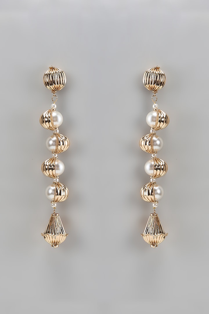 Gold Finish Shell Pearl Dangler Earrings by Studio6 Jewels at Pernia's Pop Up Shop