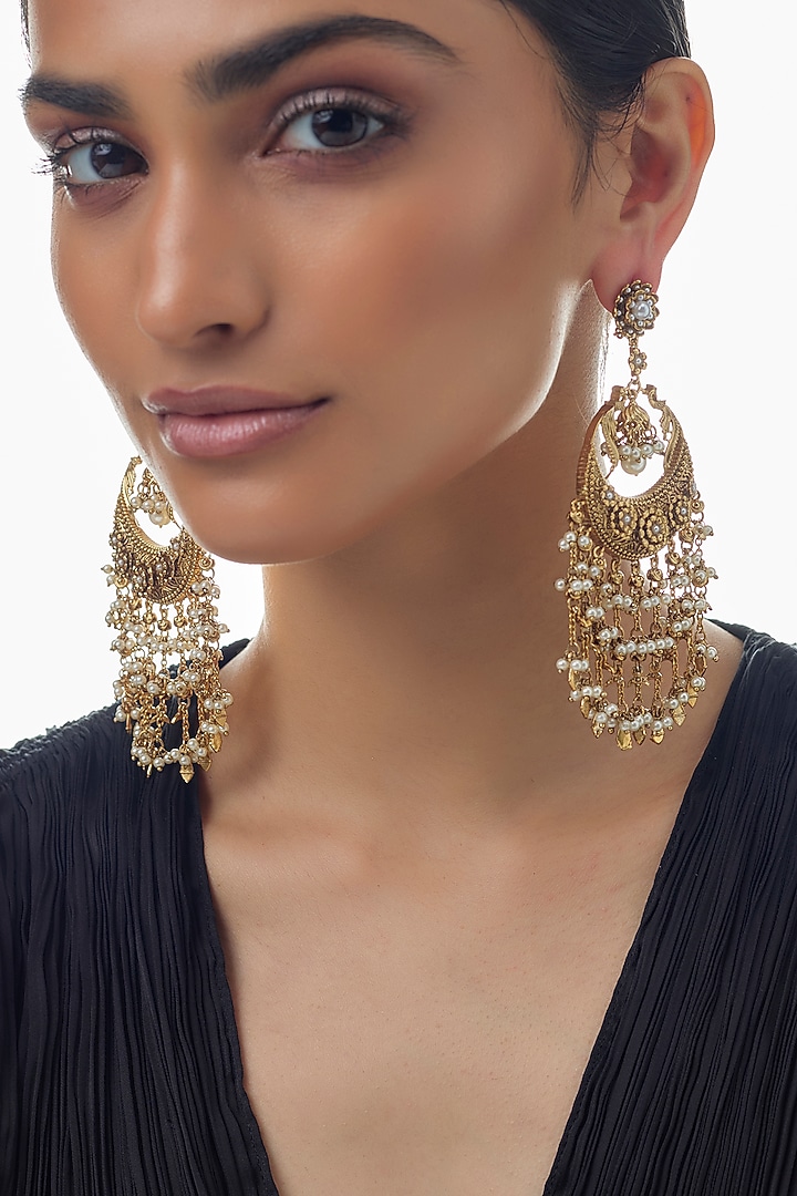 Gold Finish Pearl Layered Chandbali Earrings by Studio6 Jewels at Pernia's Pop Up Shop