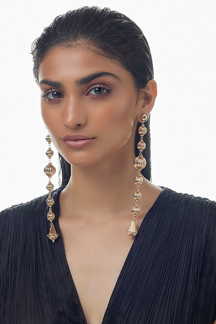 Gold Finish Textured Beaded Dangler Earrings by Studio6 Jewels at Pernia's Pop Up Shop