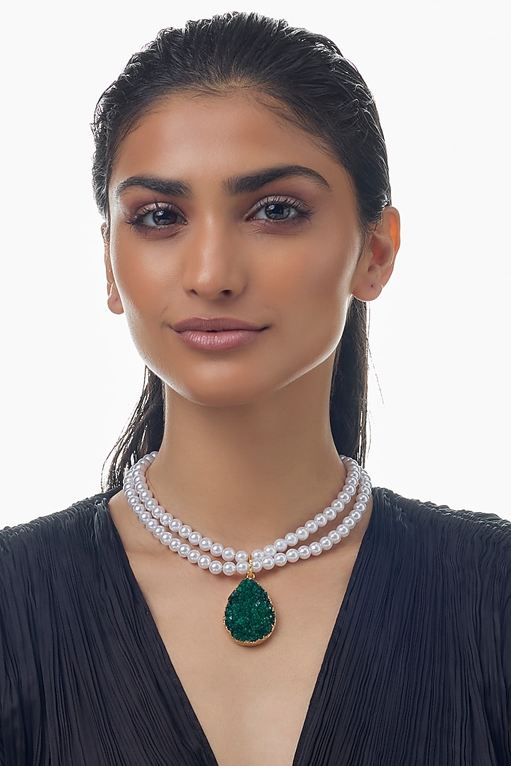 Gold Finish Green Stone & Pearl Long Necklace by Studio6 Jewels at Pernia's Pop Up Shop