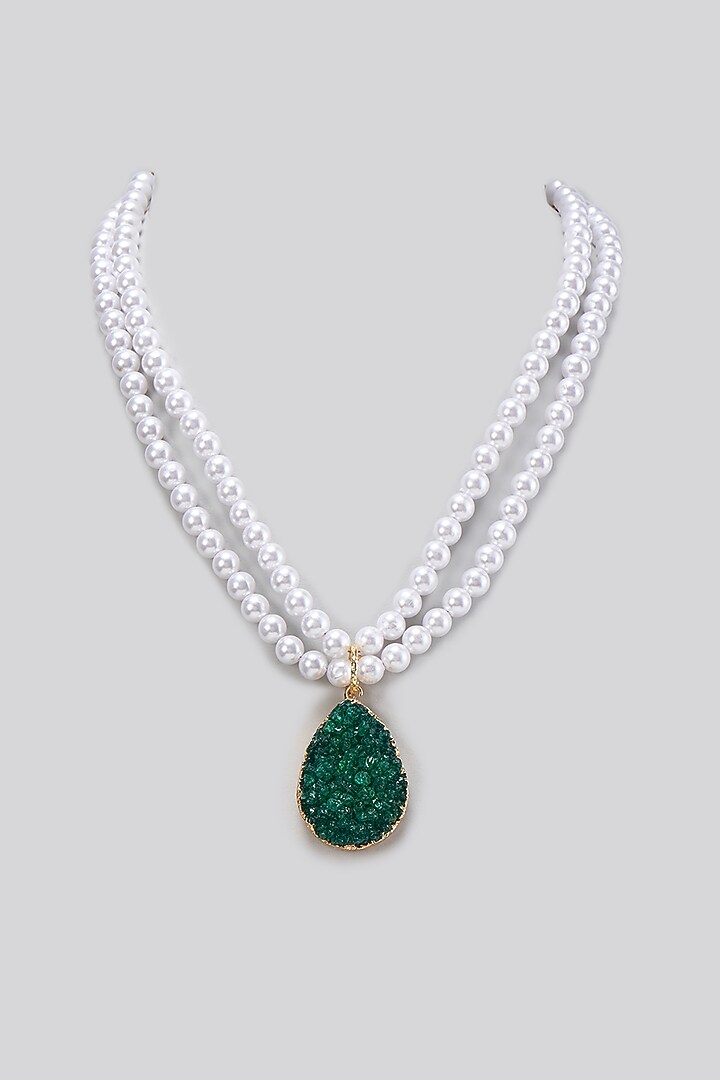 Gold Finish Green Stone & Pearl Long Necklace by Studio6 Jewels at Pernia's Pop Up Shop