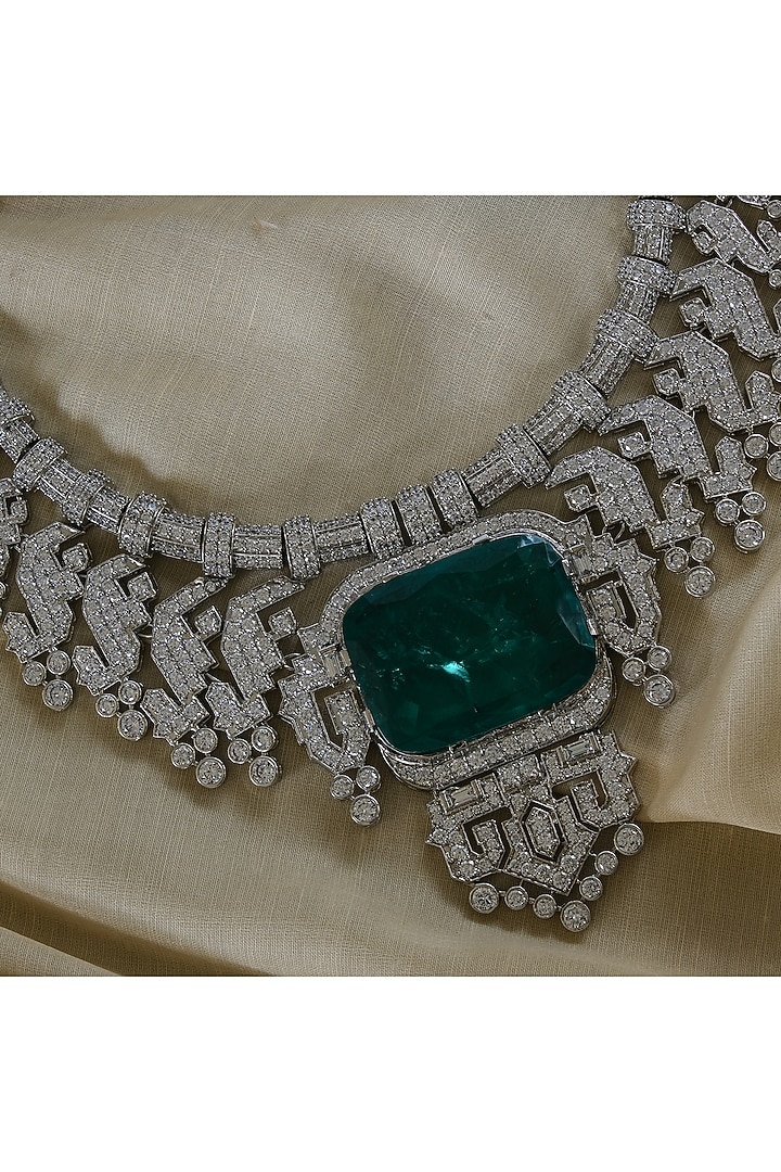 White Finish Zircon & Green Stone Necklace Set by Studio6 Jewels at Pernia's Pop Up Shop