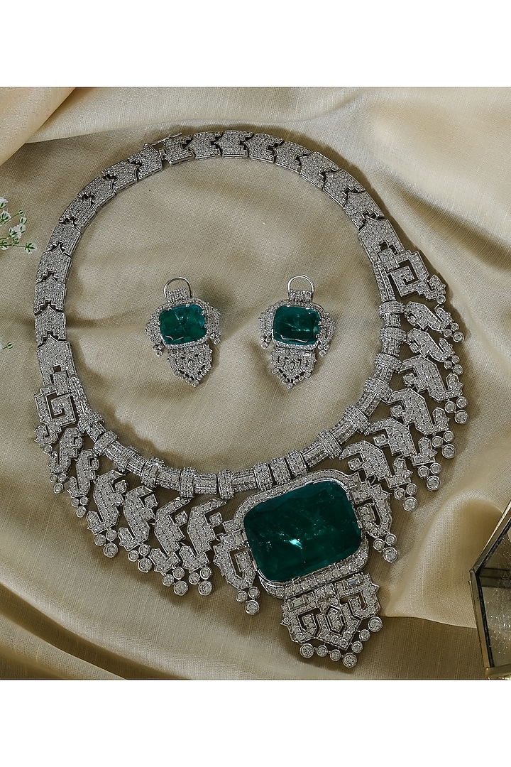 White Finish Zircon & Green Stone Necklace Set by Studio6 Jewels at Pernia's Pop Up Shop