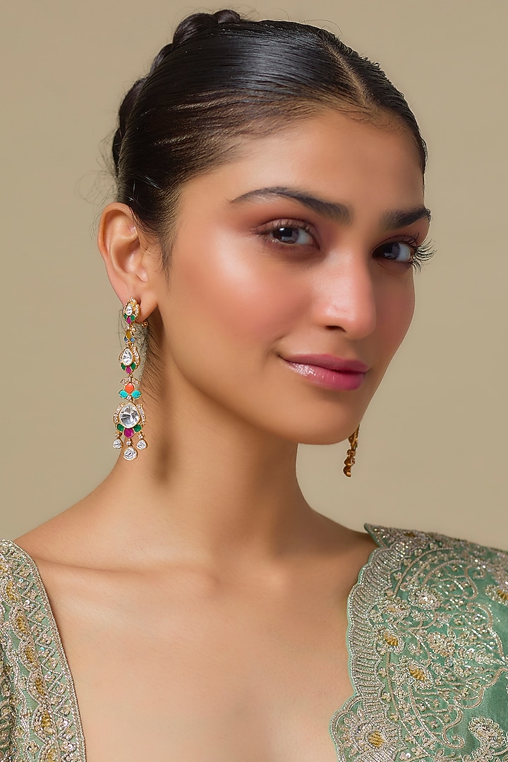 Gold Finish Multi-Colored Kundan Polki Dangler Earrings by Studio6 Jewels at Pernia's Pop Up Shop