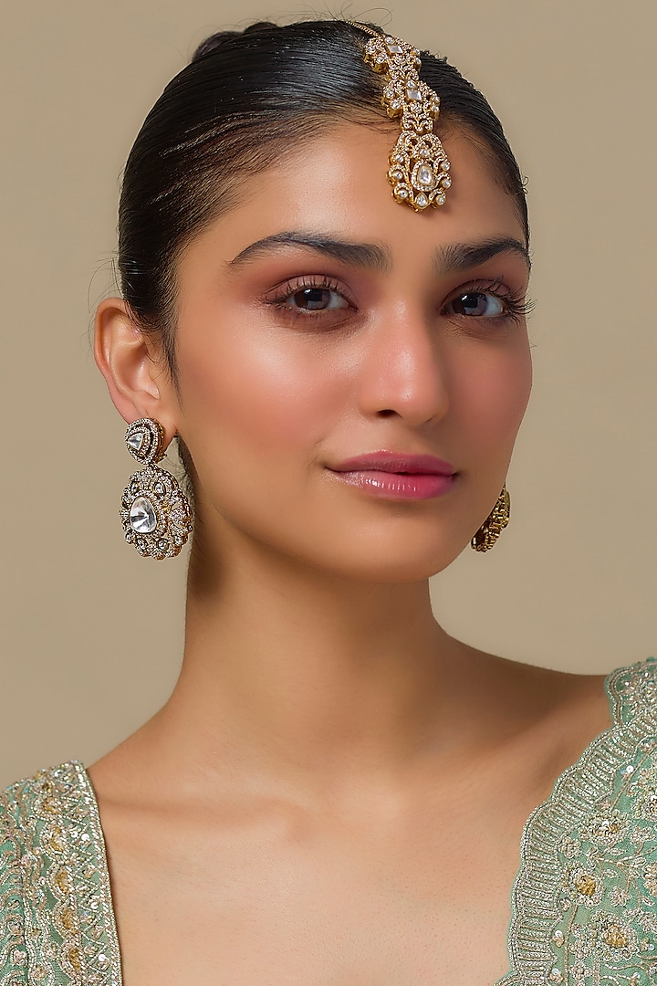 Gold Finish Kundan Polki & Diamond Dangler Earrings With Maangtikka by Studio6 Jewels at Pernia's Pop Up Shop