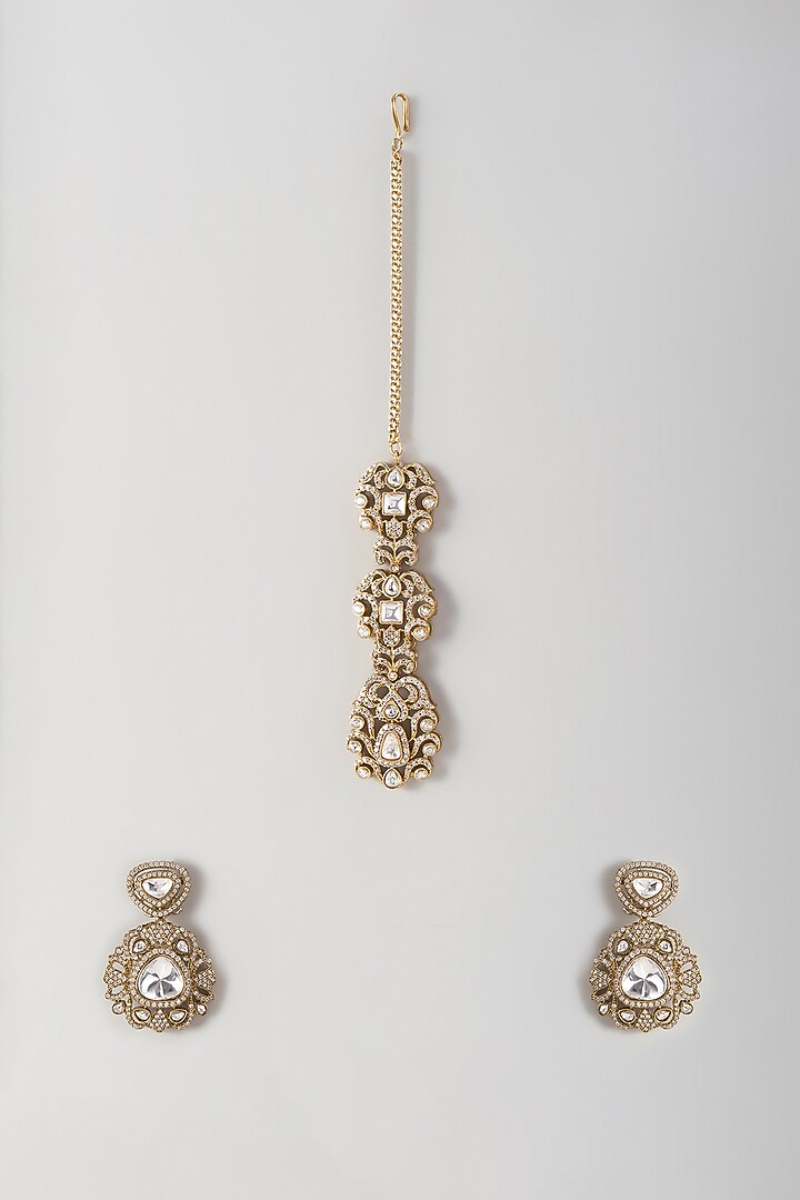 Gold Finish Kundan Polki & Diamond Dangler Earrings With Maangtikka by Studio6 Jewels at Pernia's Pop Up Shop