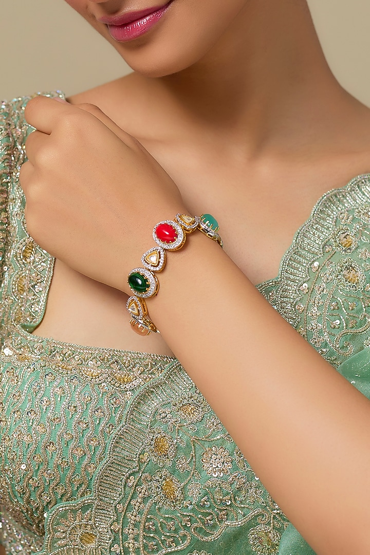 Gold Finish Multi-Colored Gemstone & Zircon Openable Bracelet by Studio6 Jewels at Pernia's Pop Up Shop