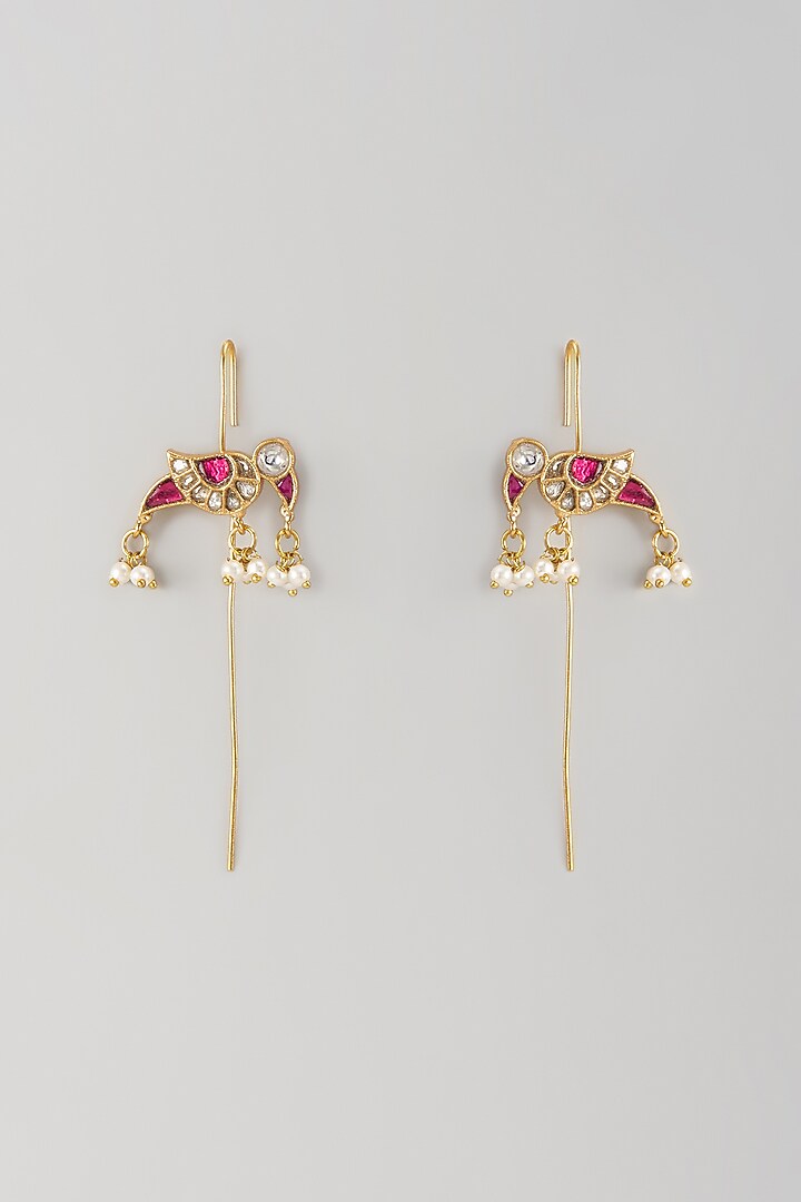 Gold Finish Red Kundan Polki & Bird Motif Stud Earrings by Studio6 Jewels at Pernia's Pop Up Shop