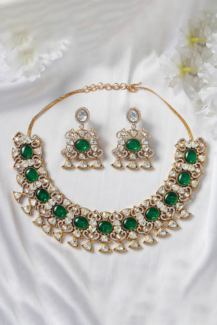 Gold Finish Kundan Polki & Green Stone Necklace Set by Studio6 Jewels at Pernia's Pop Up Shop
