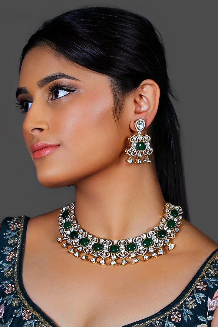 Gold Finish Kundan Polki & Green Stone Necklace Set by Studio6 Jewels at Pernia's Pop Up Shop