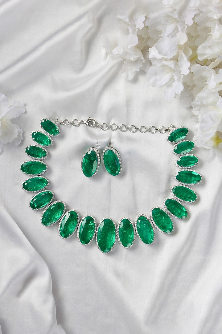 White Finish Emerald Necklace Set by Studio6 Jewels at Pernia's Pop Up Shop
