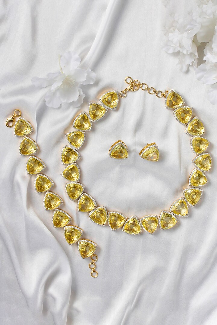 Gold Finish Yellow Stone Necklace Set by Studio6 Jewels at Pernia's Pop Up Shop