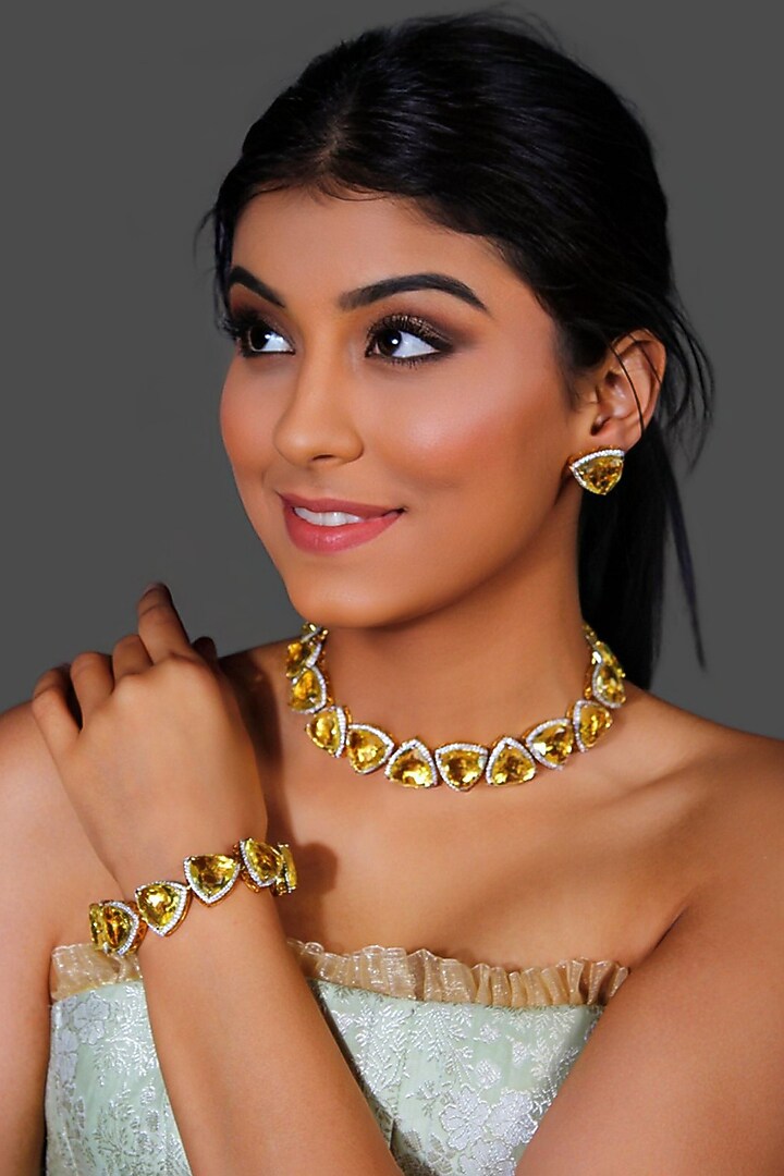 Gold Finish Yellow Stone Necklace Set by Studio6 Jewels at Pernia's Pop Up Shop