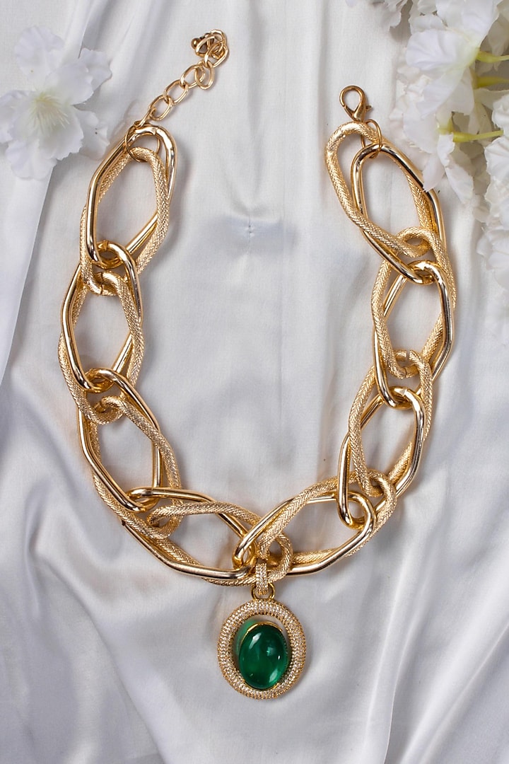 Gold Finish Green Stone Chunky Necklace by Studio6 Jewels