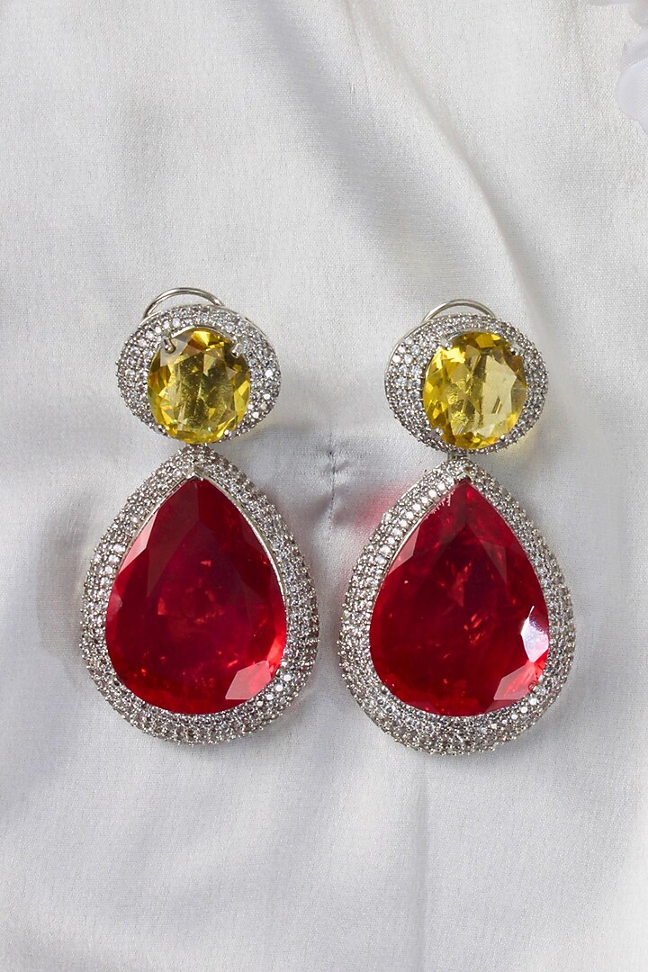 White Finish Red & Yellow Stone Dangler Earrings by Studio6 Jewels at Pernia's Pop Up Shop