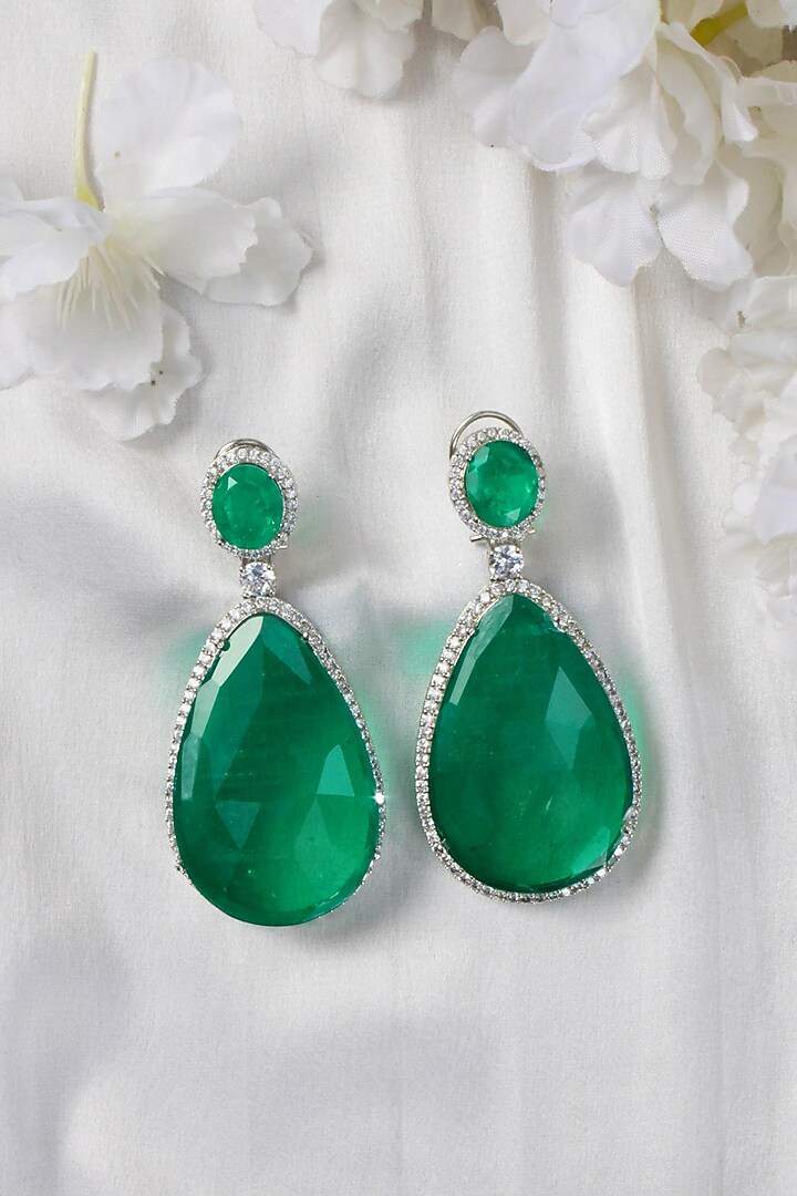 White Finish Green Stone Dangler Earrings by Studio6 Jewels at Pernia's Pop Up Shop