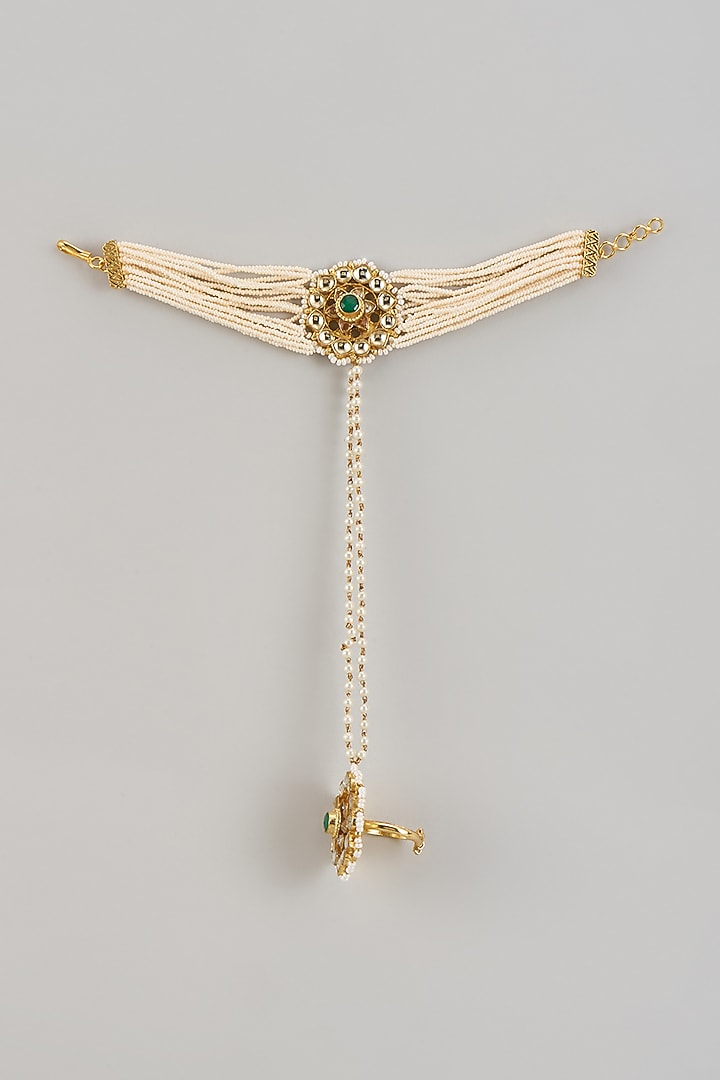 Gold Finish Green Kundan Polki & Pearl Hand Harness by Studio6 Jewels at Pernia's Pop Up Shop