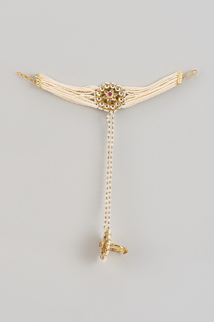 Gold Finish Pink Kundan Polki & Pearl Hand Harness by Studio6 Jewels at Pernia's Pop Up Shop