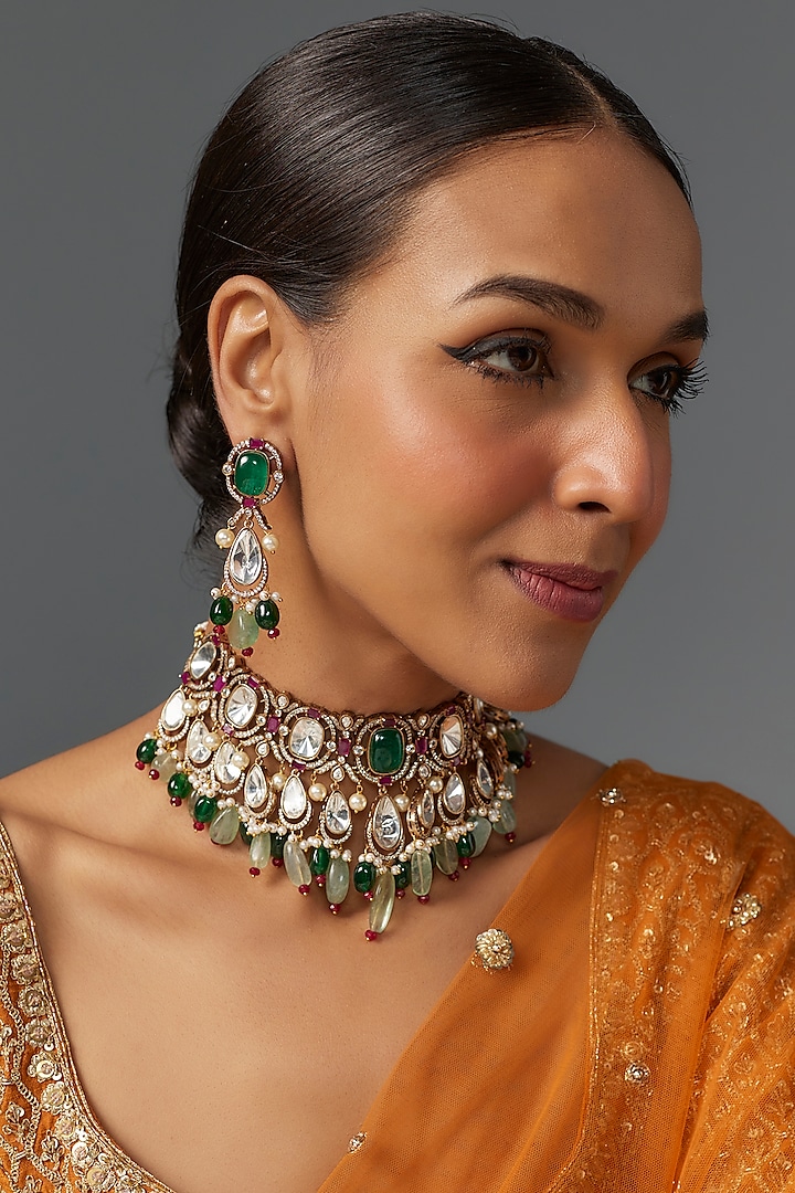 Antique Gold Finish Zircon & Jade Green Beaded Necklace Set by Studio6 Jewels at Pernia's Pop Up Shop