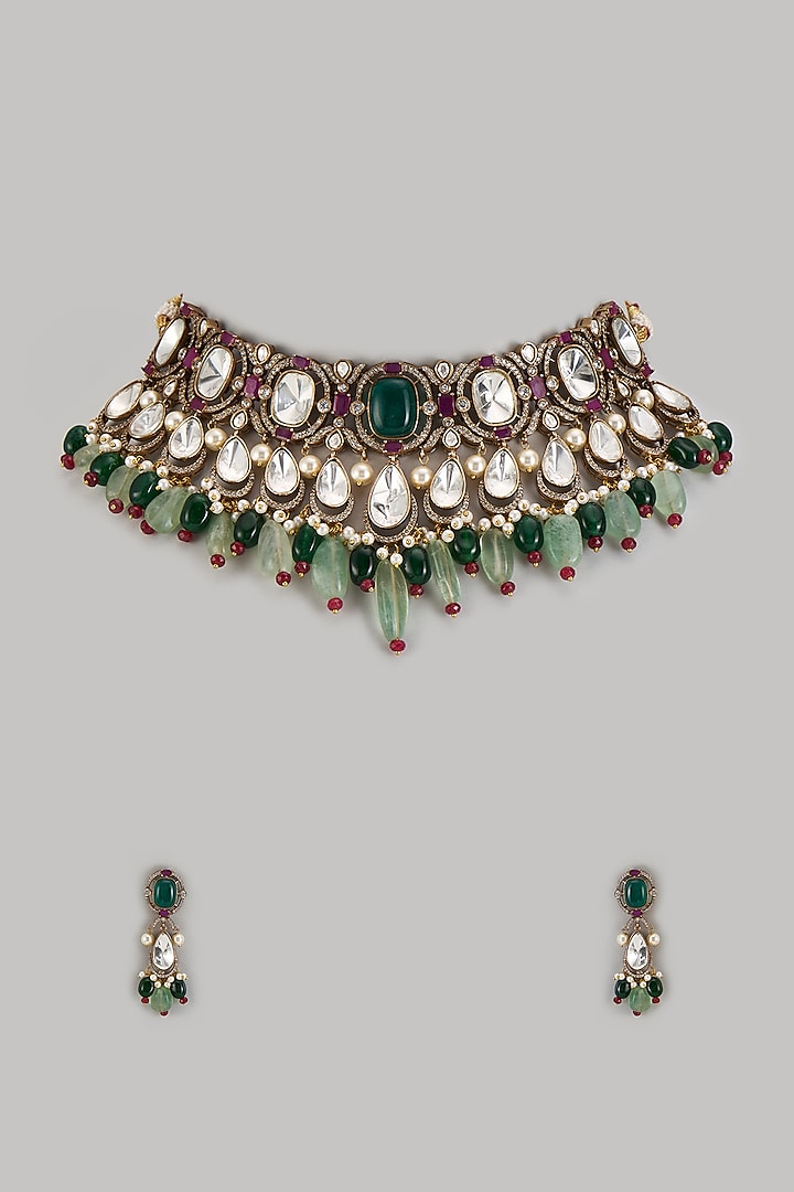 Antique Gold Finish Zircon & Jade Green Beaded Necklace Set by Studio6 Jewels at Pernia's Pop Up Shop