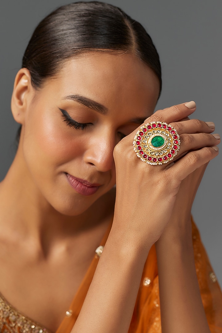 Gold Finish Kundan Polki Adjustable Ring by Studio6 Jewels at Pernia's Pop Up Shop